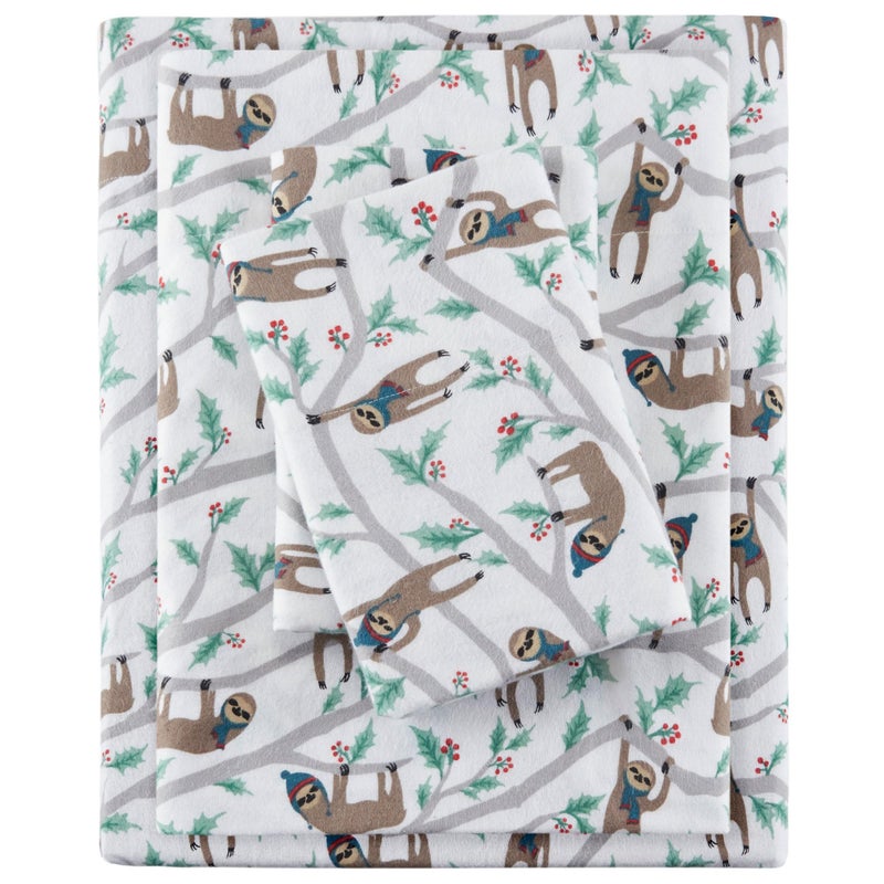 Sleep Philosophy True North by Sleep Philosophy Cozy Flannel Warm 100% Cotton Sheet - Novelty Print Animals Stars Cute Ultra Soft Cold Weather Bedding Set  Full  Multi Sloth 4 Piece - Image 1